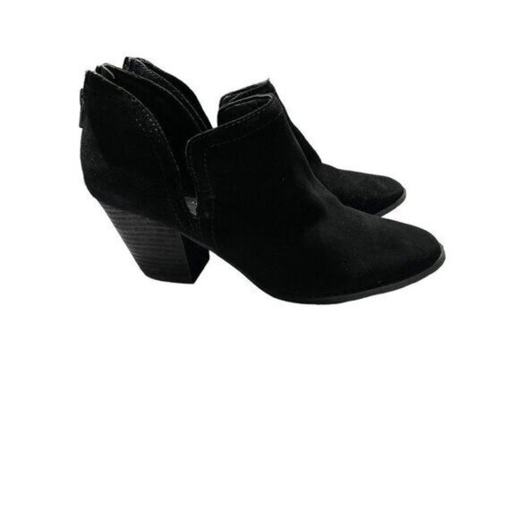 LYDÉE Black Suede Leather V Cut Out Stacked Heel Ankle Booties - Picture 1 of 9